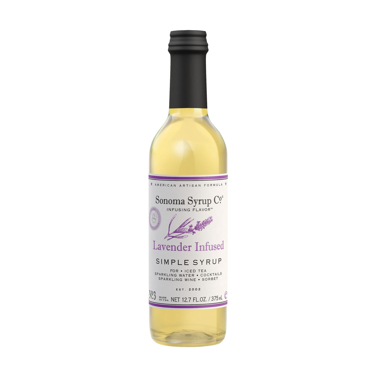 Sonoma Syrup Co bottle front view showing lavender syrup and elegant label benefit: pure flavor