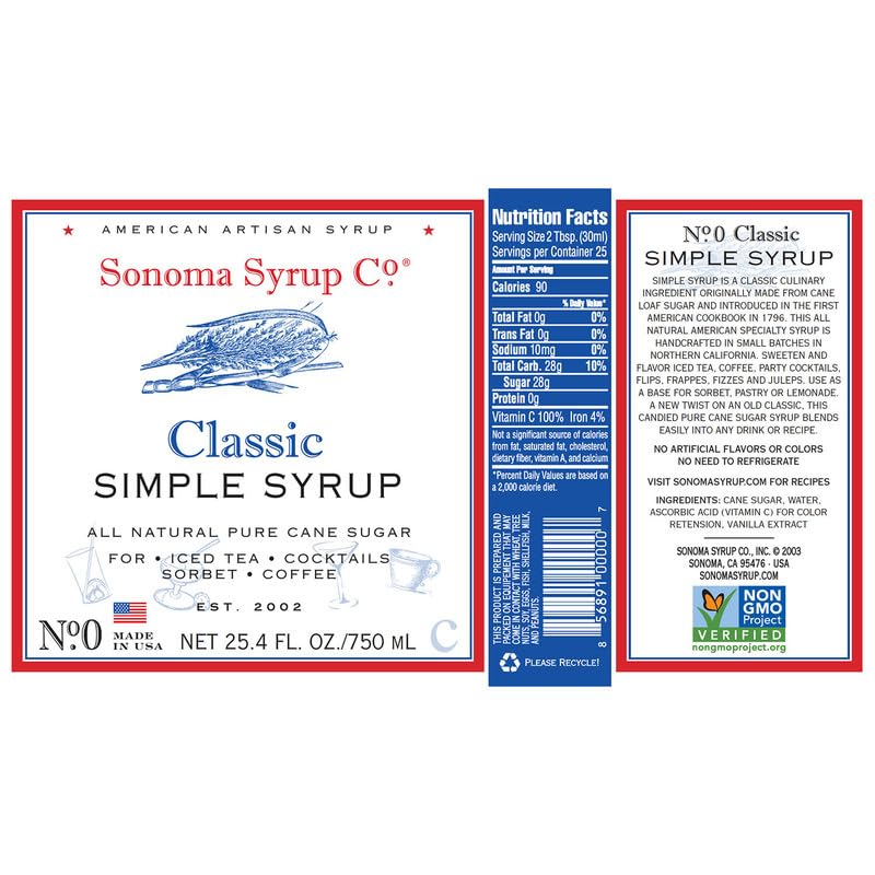 Sonoma Syrup Co label and cap detail highlighting glass bottle and reusable design benefit