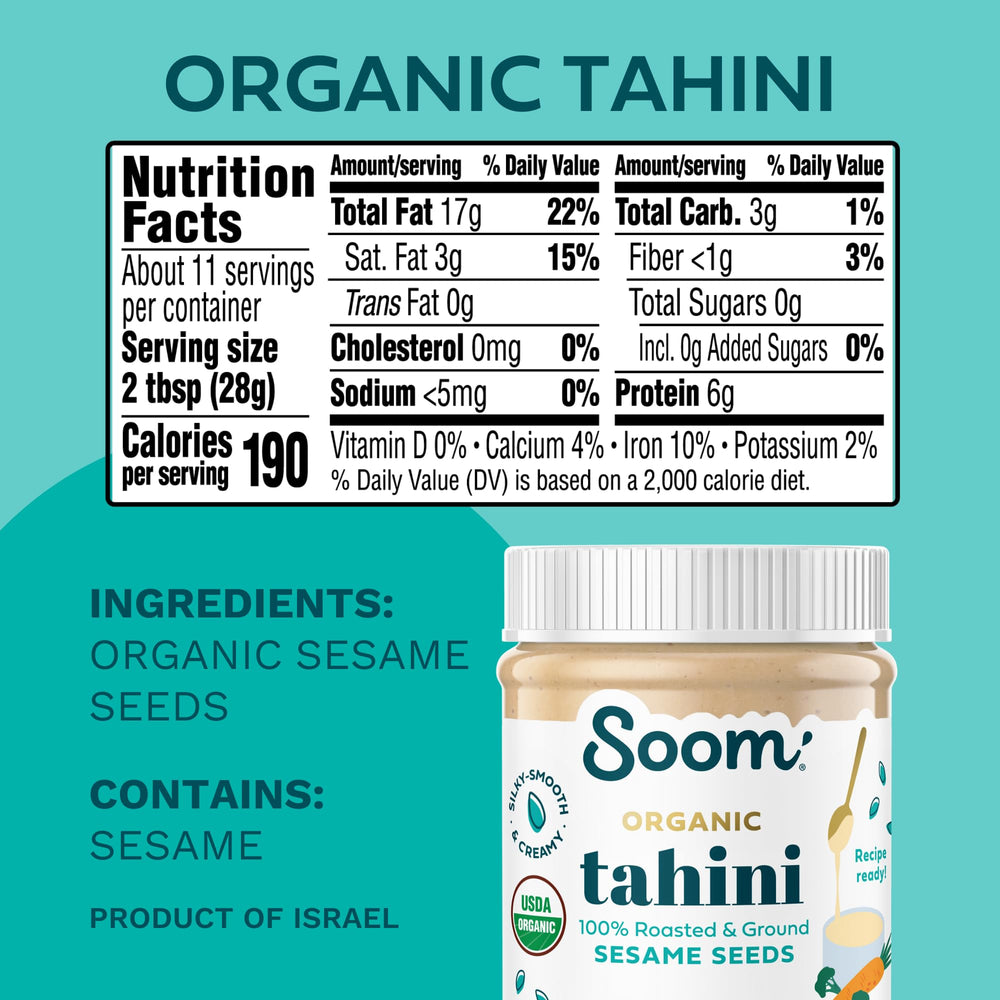 Bowl of organic sesame seeds beside Soom jar showing pure ingredient sourcing