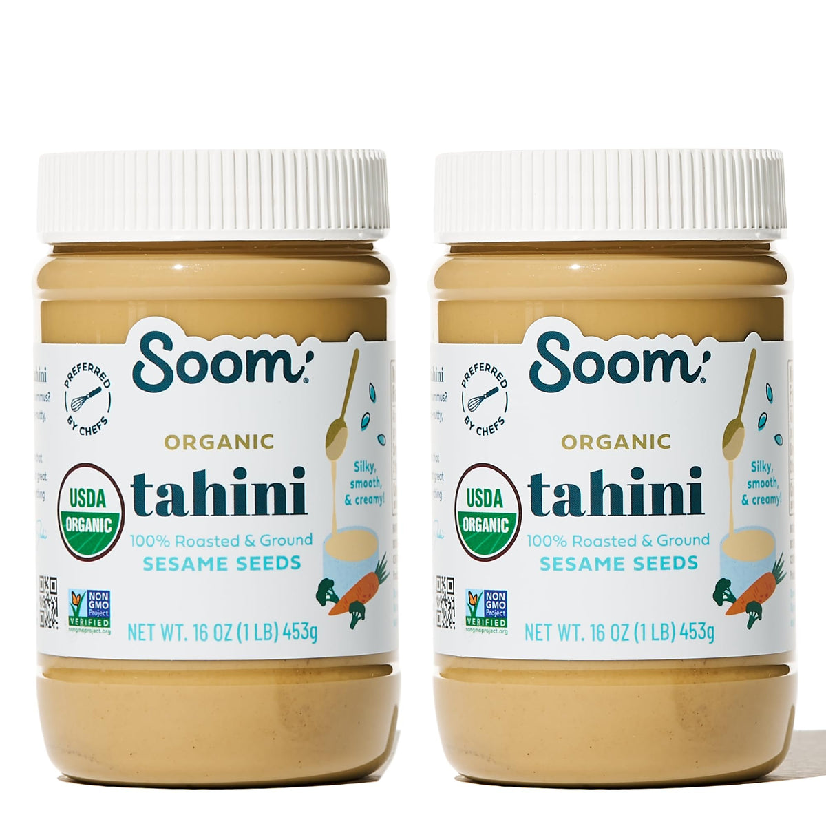 Soom front packaging showing organic tahini and two-pack convenience