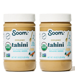 Soom front packaging showing organic tahini and two-pack convenience