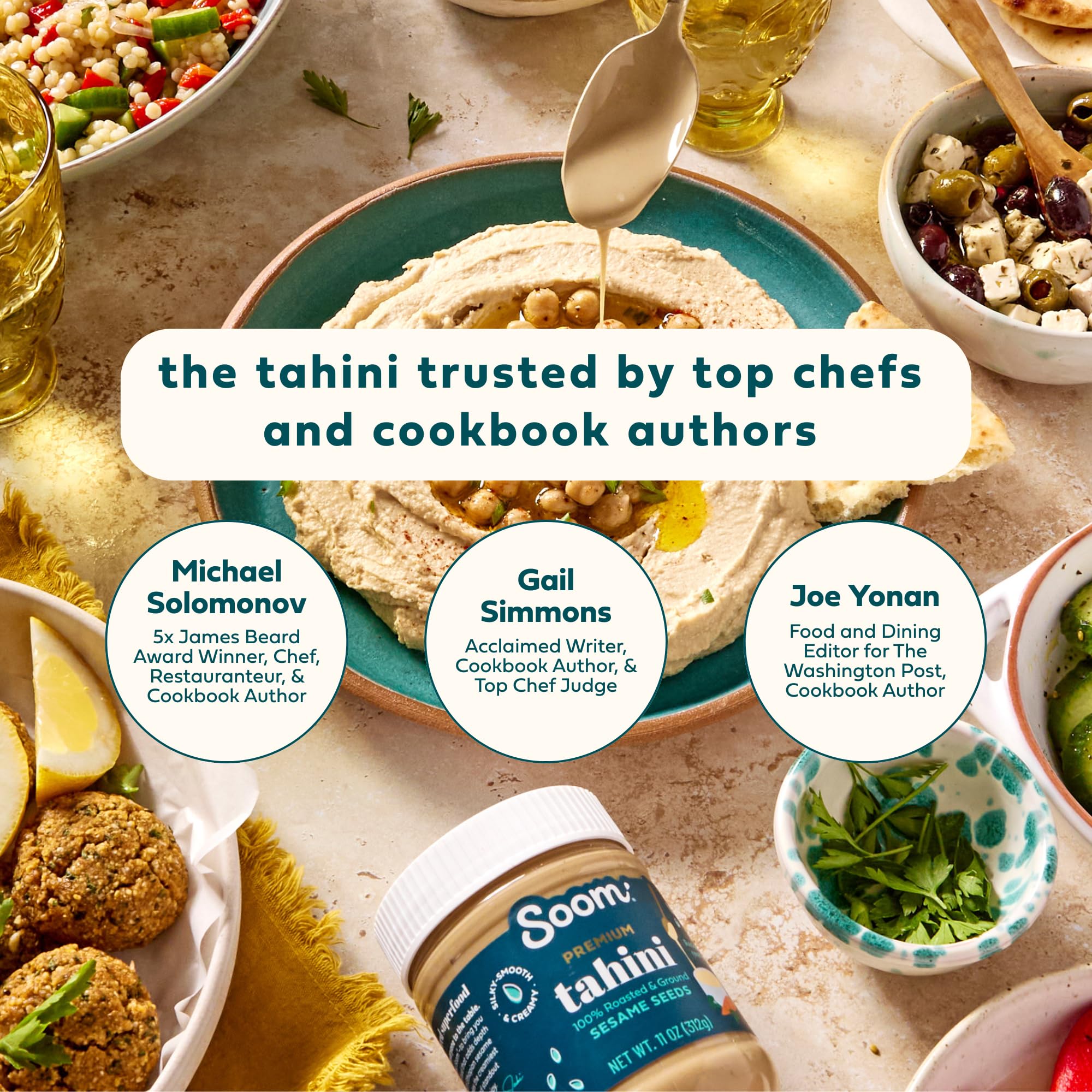 Soom tahini blended into hummus highlighting creamy consistency and flavor