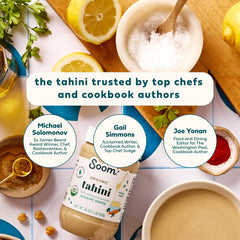 Soom tahini on spoon close-up showing silky texture and spreadability
