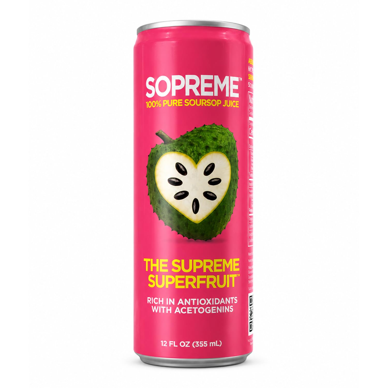 SOPREME front packaging showing full soursop can and benefit of whole-fruit pulp