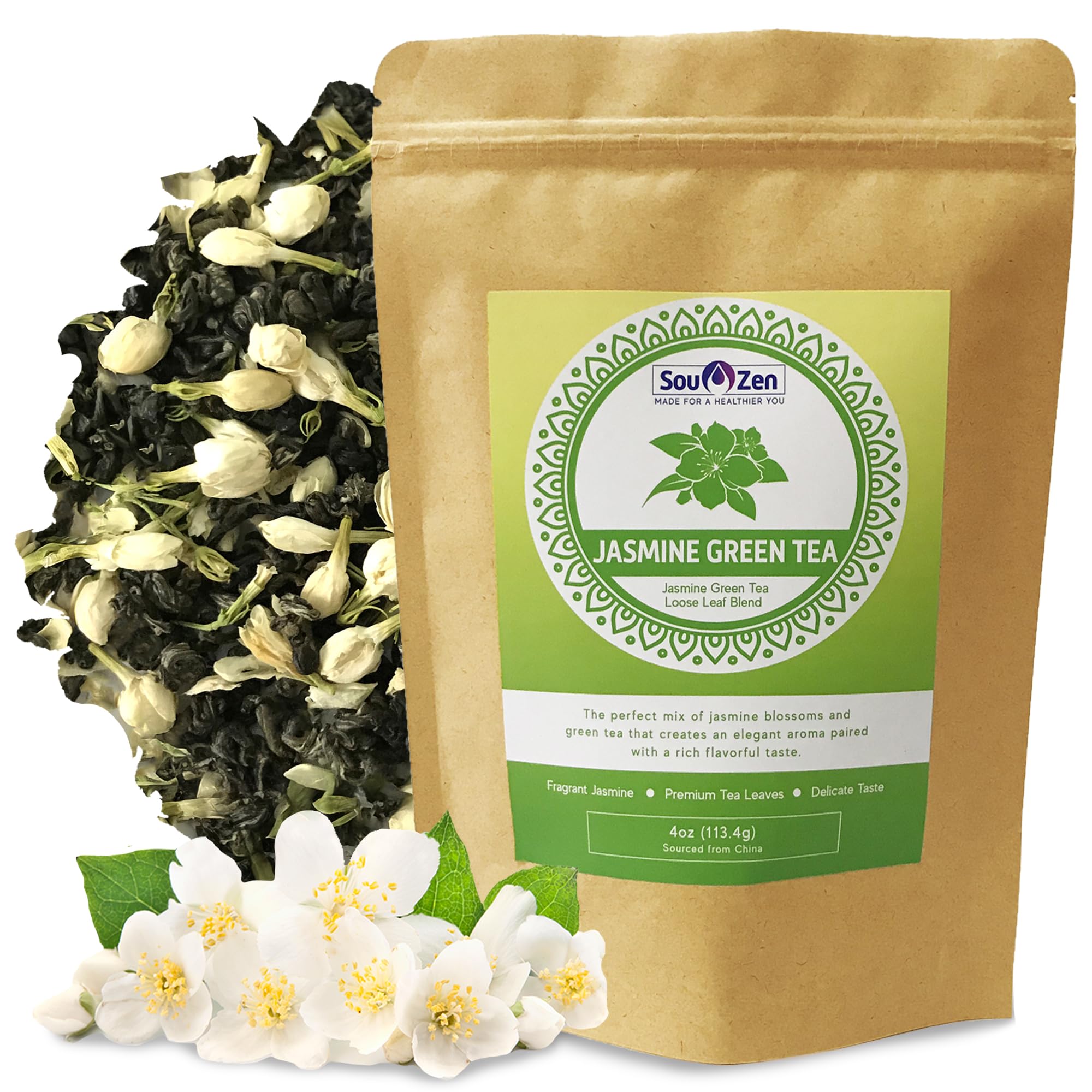 Sou Zen pouch front view showing jasmine green tea - fresh aroma preserved