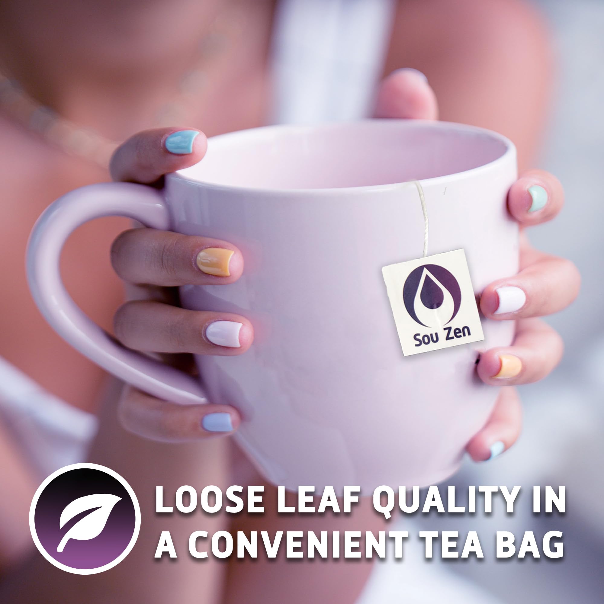 Sou Zen pouch next to a teacup to show pouch size and portion convenience
