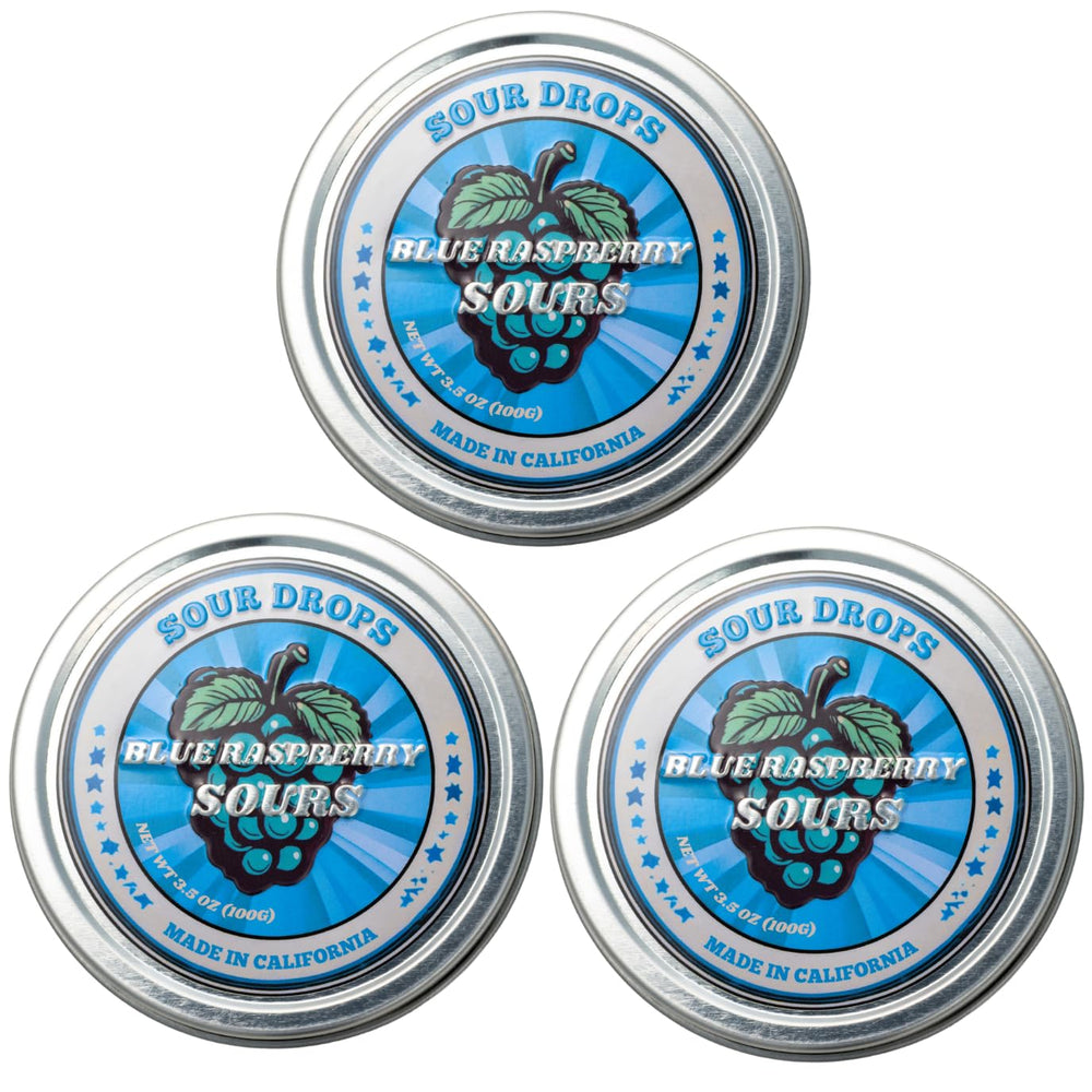 Sour Drops open tin displaying candies and easy-portability benefit