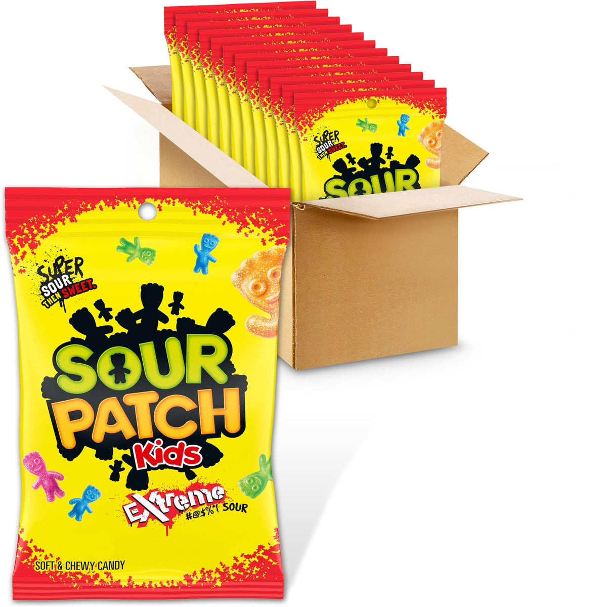 SOUR PATCH KIDS front packaging showing 12 bulk bags and brand appeal