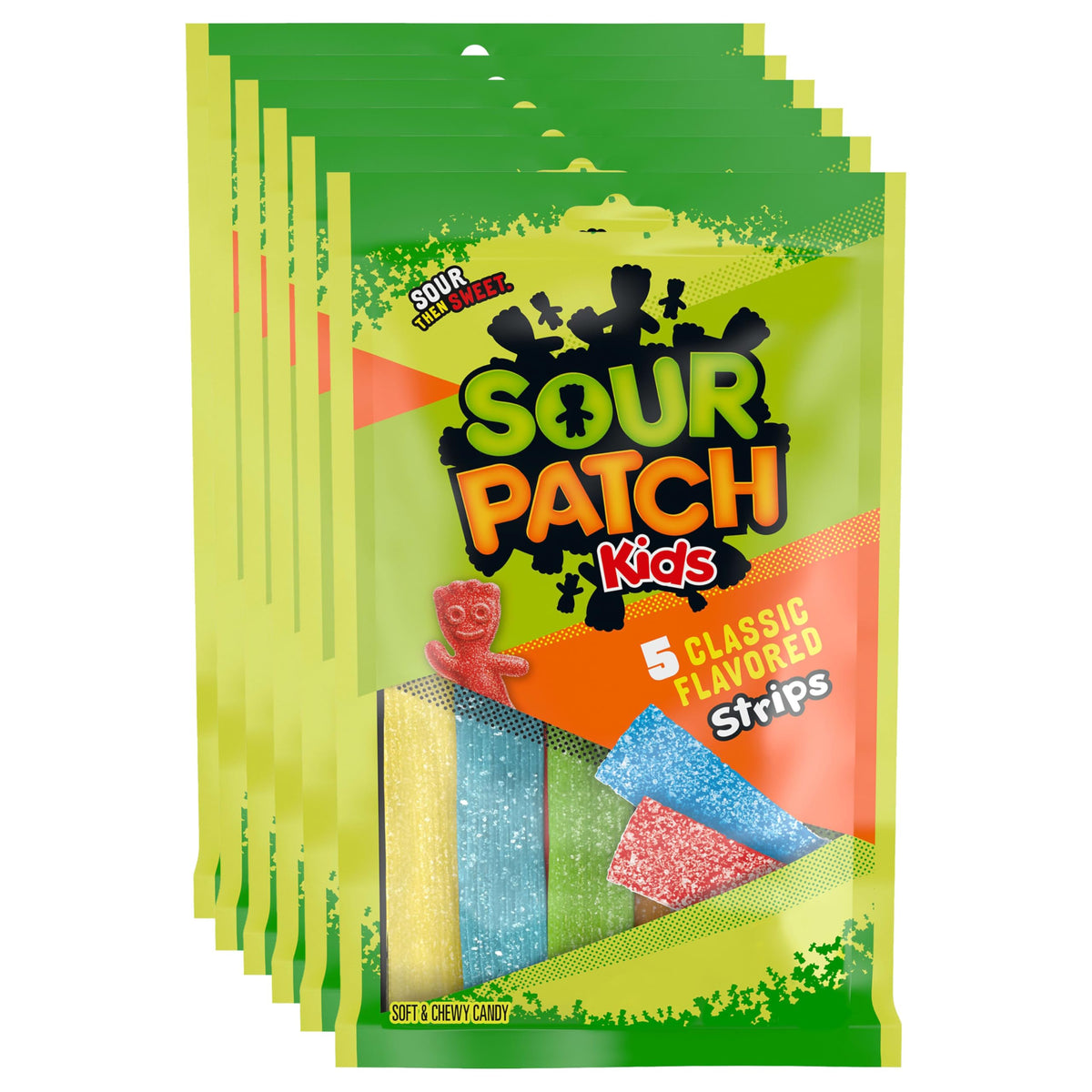 SOUR PATCH KIDS front packaging showing six 3.5 oz bags and brand logo