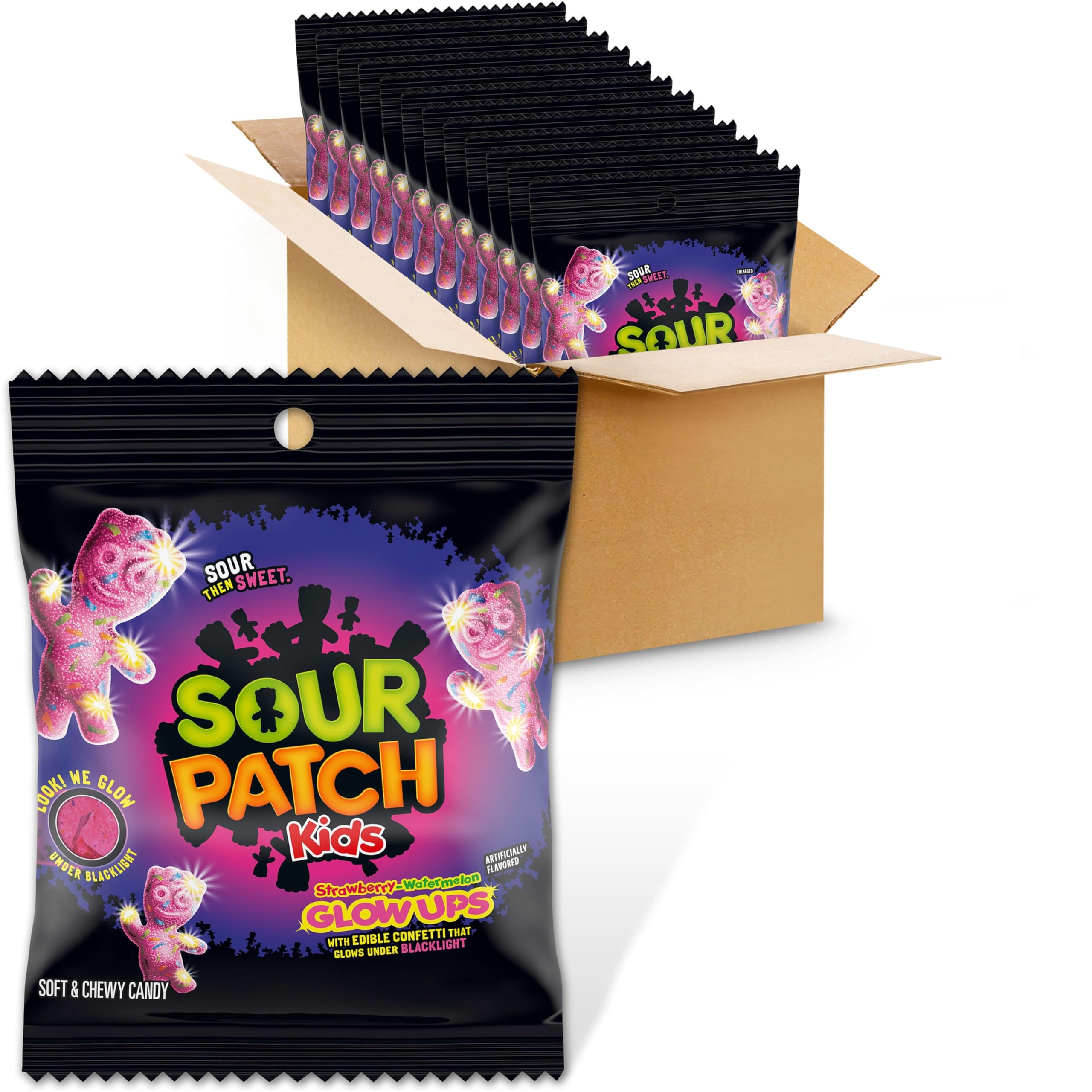SOUR PATCH KIDS front packaging showing vibrant glow-ups branding and benefit