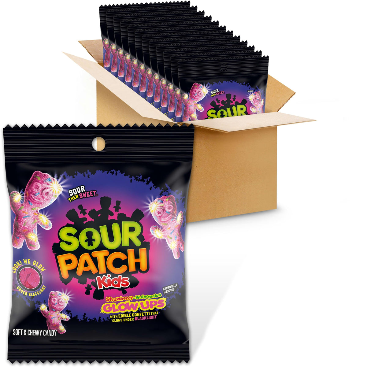 SOUR PATCH KIDS front packaging showing vibrant glow-ups branding and benefit