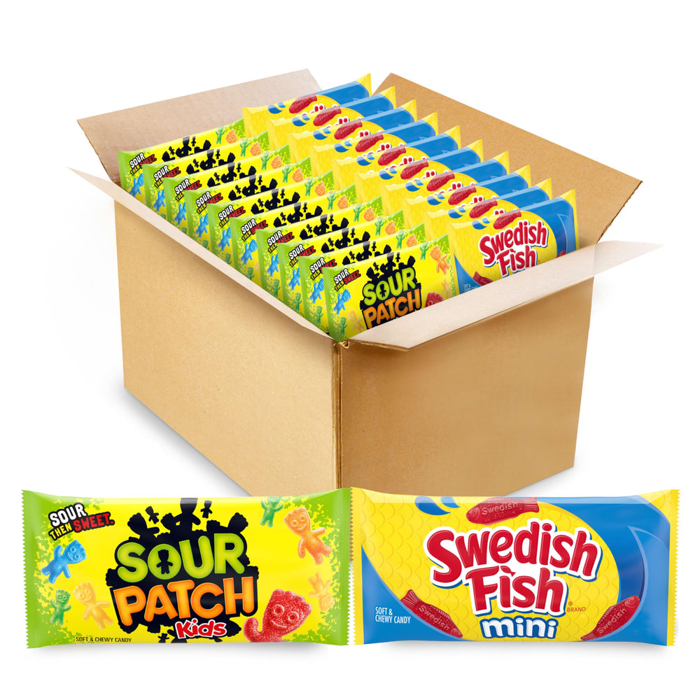 SOUR PATCH KIDS and SWEDISH FISH front packaging showing variety pack and branding benefits
