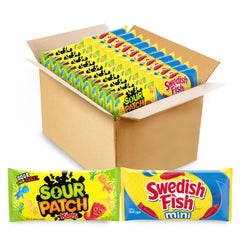 SOUR PATCH KIDS and SWEDISH FISH front packaging showing variety pack and branding benefits