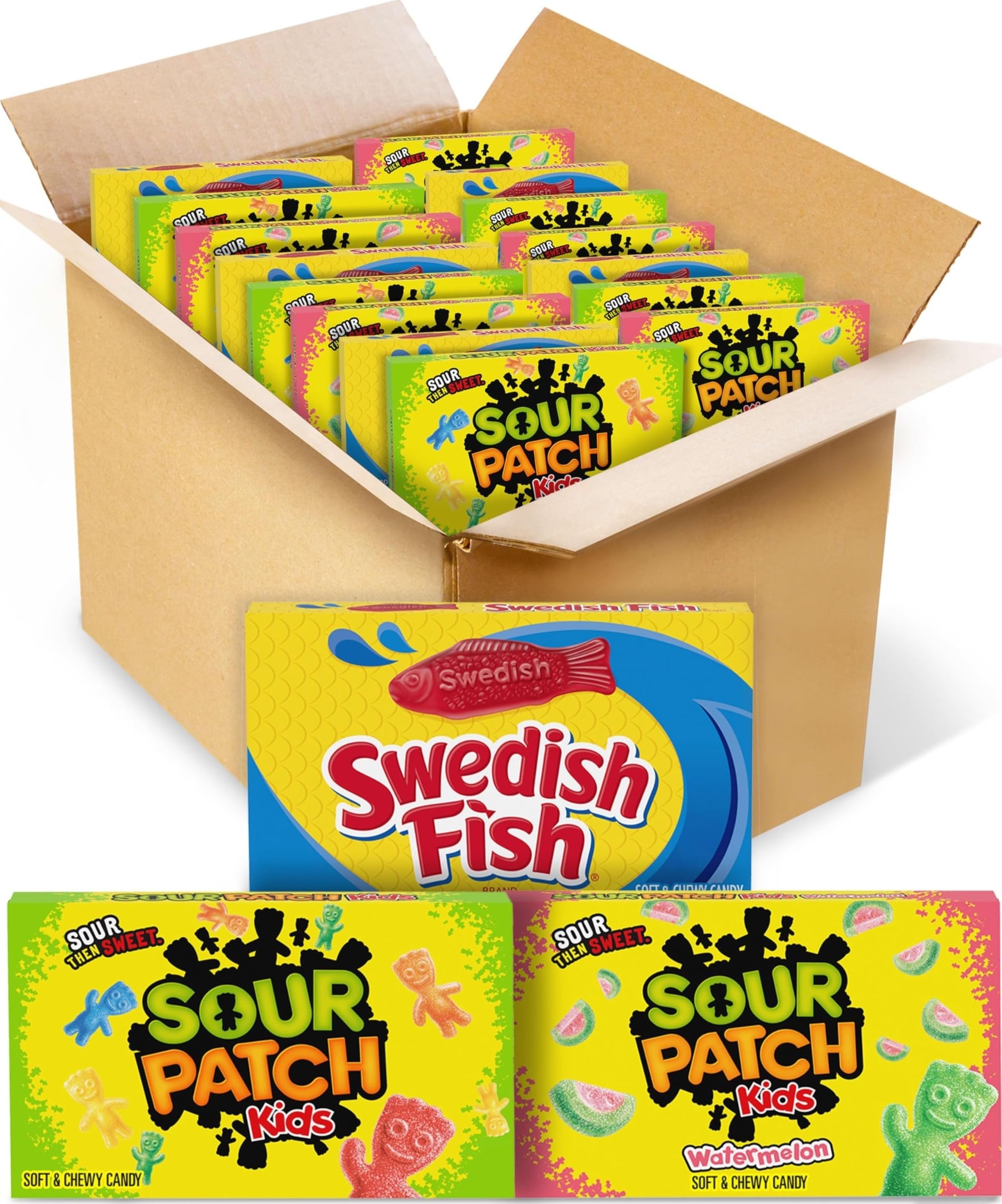Sour Patch Kids and Swedish Fish front packaging showing variety and portability benefit