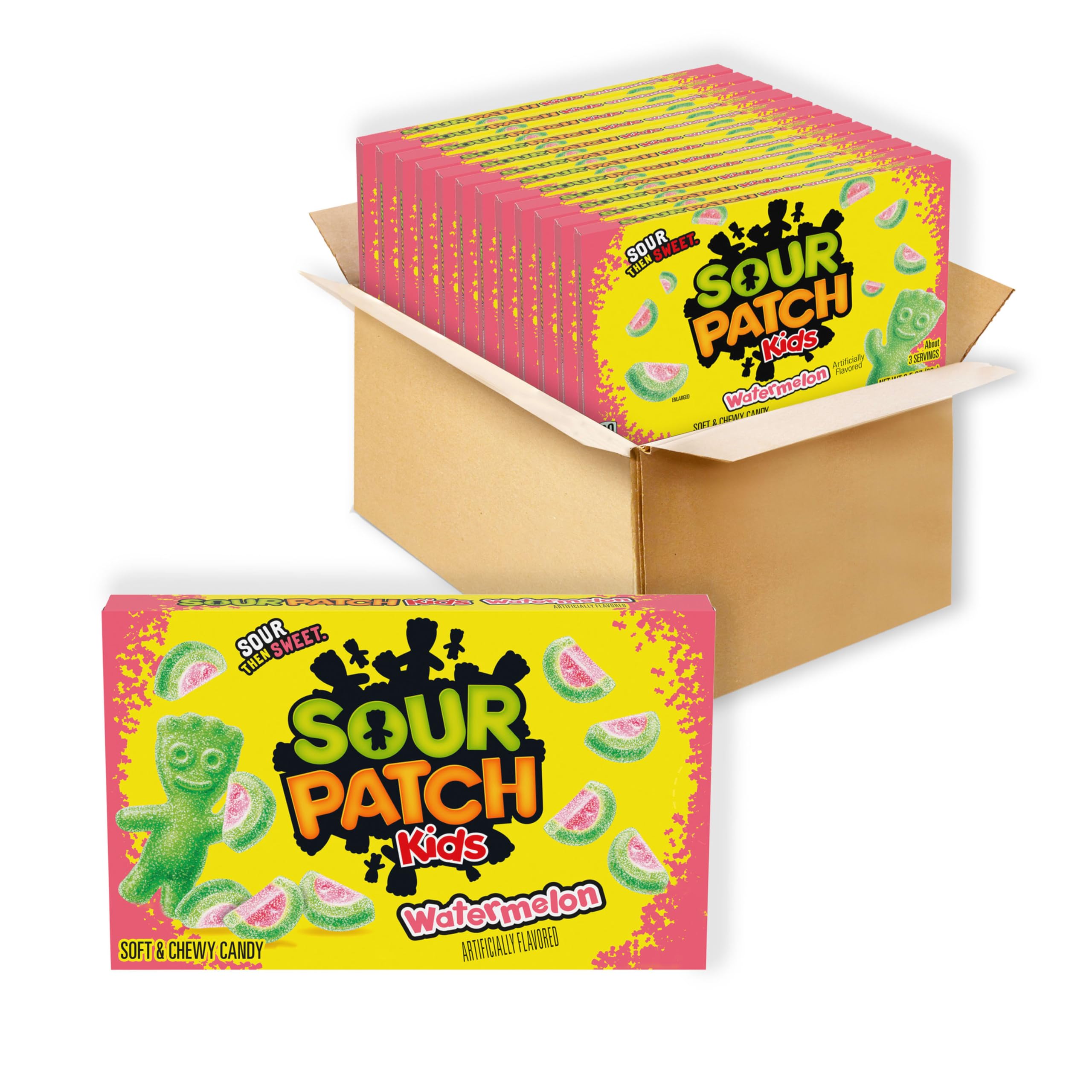SOUR PATCH KIDS front box showing watermelon flavor and easy grab appeal