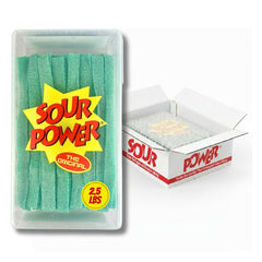 Sour Power front tub showing green apple belts and resealable lid, clear branding benefit