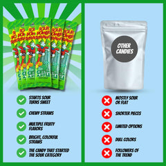 Hand holding Sour Power straws demonstrating soft chew and easy snacking portability