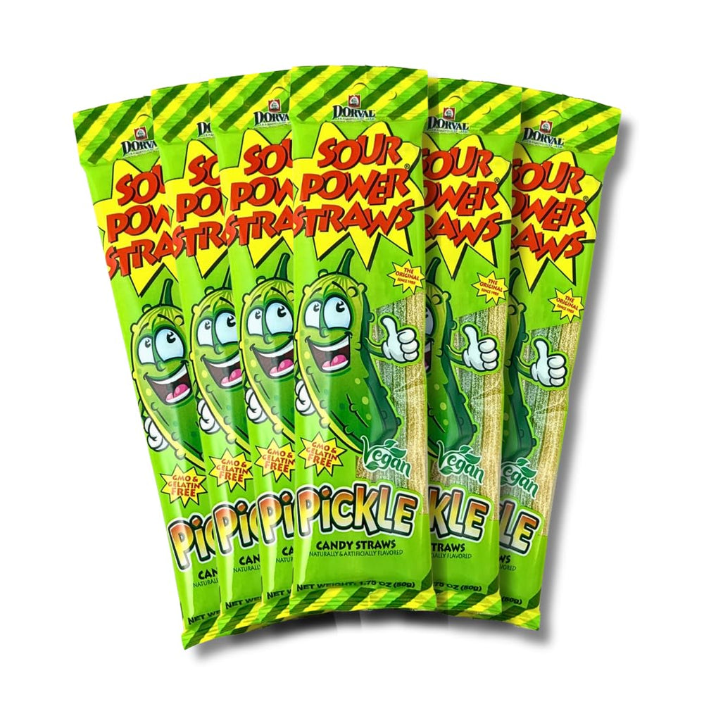 Sour Power front packaging showing six pickle straw packs and brand appeal