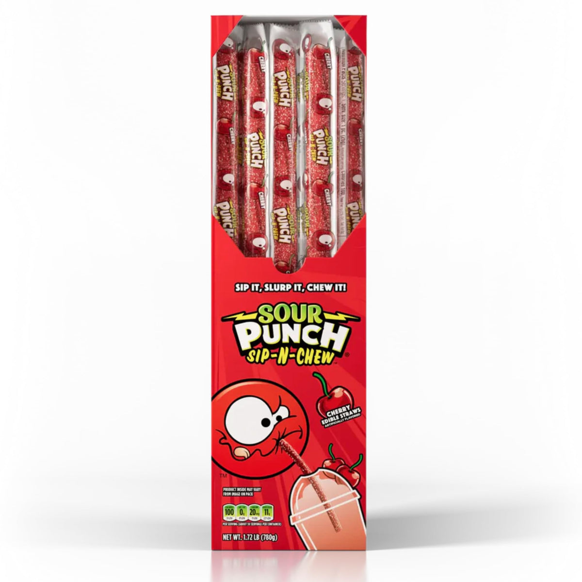 Sour Punch front packaging showing 30 cherry straws and vibrant branding, enticing shoppers
