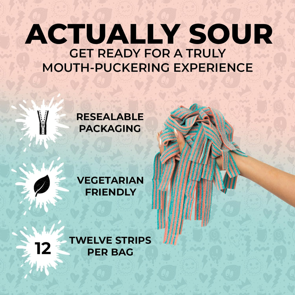 SOUR STRIPS cotton candy belt close-up highlighting sugary sour coating and chewy texture for bold flavor