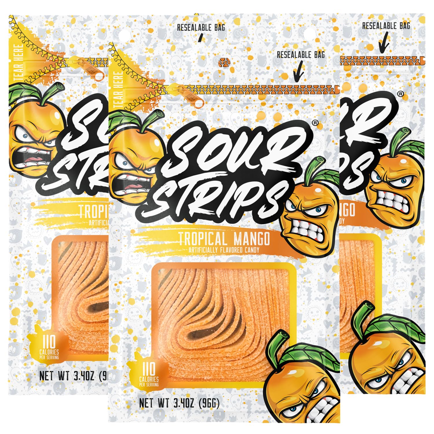 SOUR STRIPS front packaging mango showing resealable bags and bright branding for convenient freshness