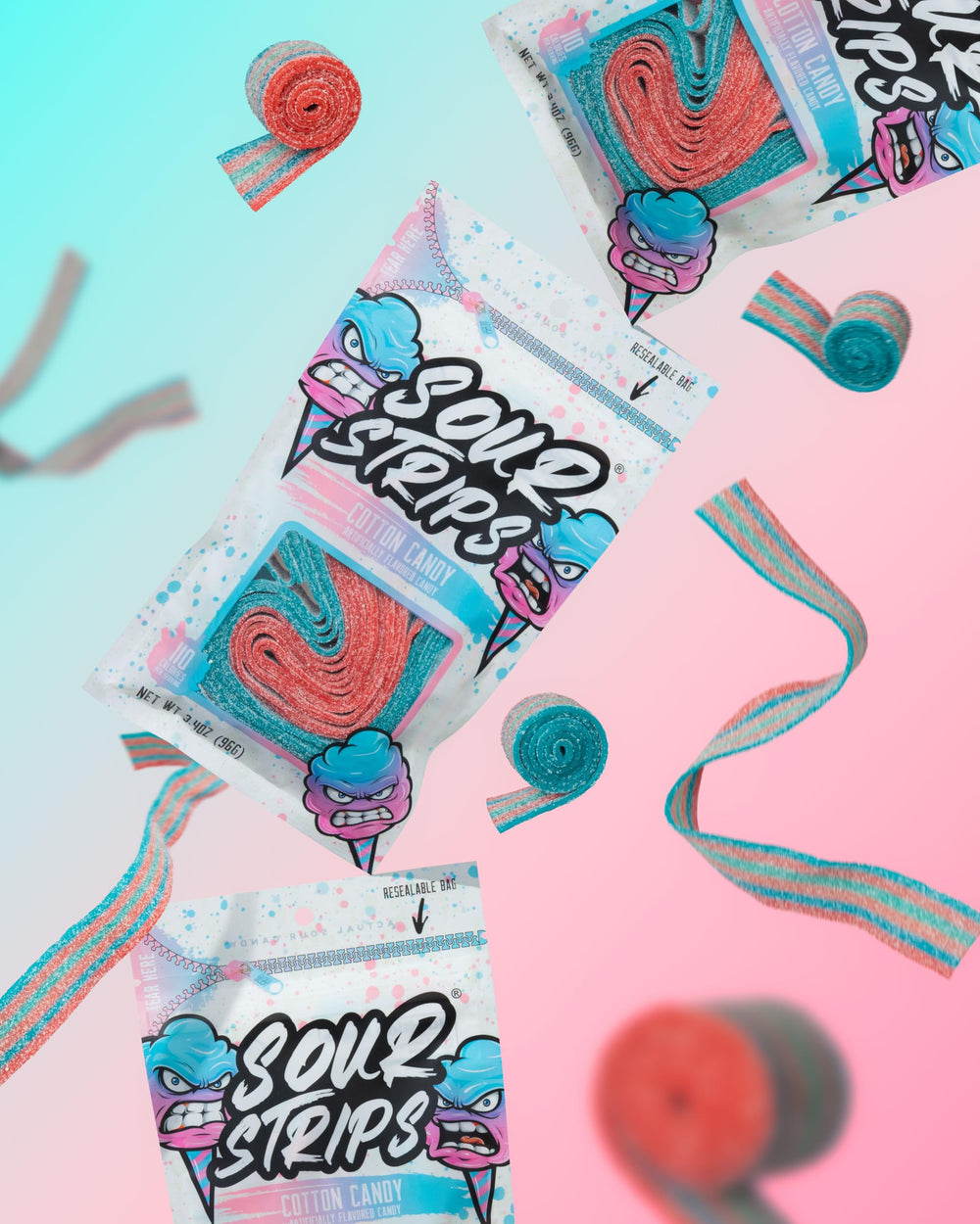 Open resealable SOUR STRIPS bag with belts inside demonstrating the zipper seal that preserves freshness