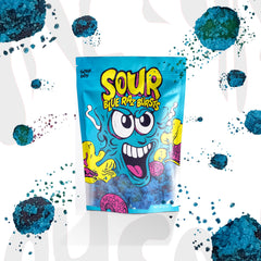 Close-up of Sourboy Gushers coated in sour sugar highlighting intense tartness