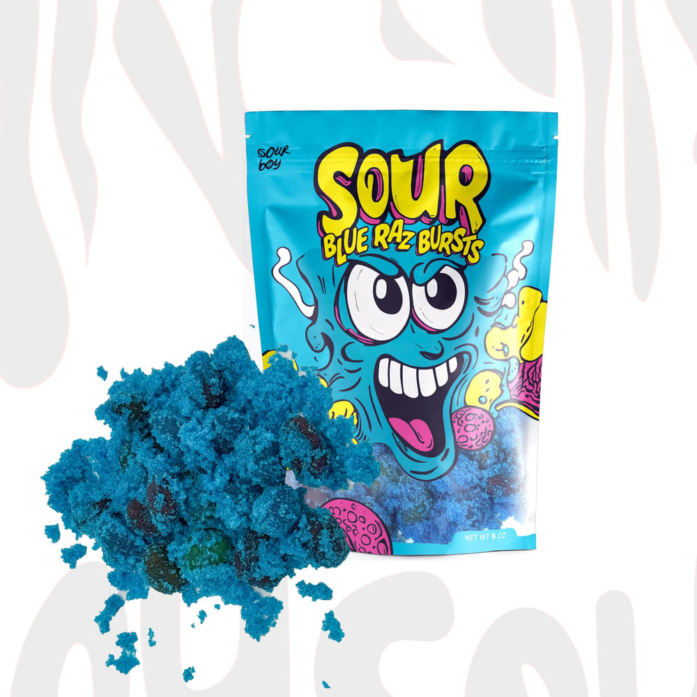 Hand holding Sourboy 3.5 oz bag to show size and easy on-the-go snack advantage