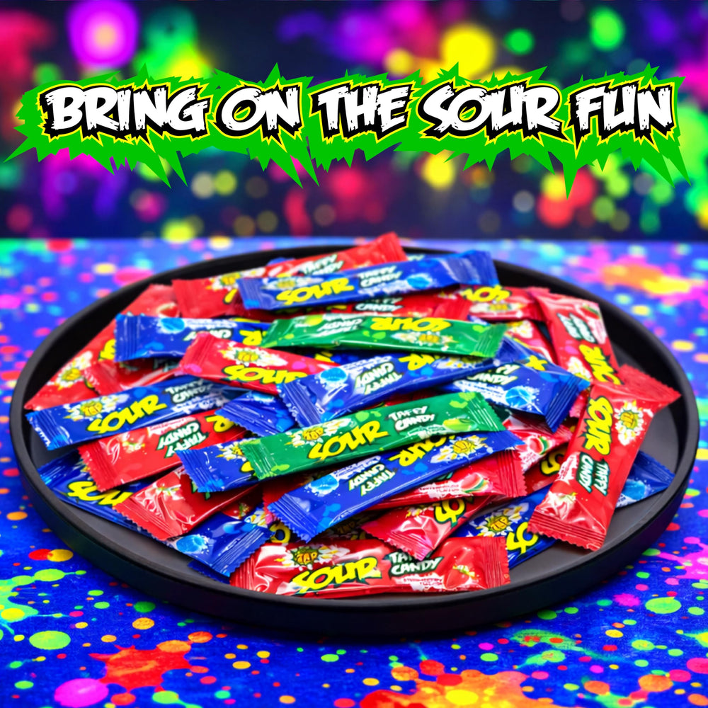 SOURZAP candy bowl display with mixed flavors for event-ready presentation