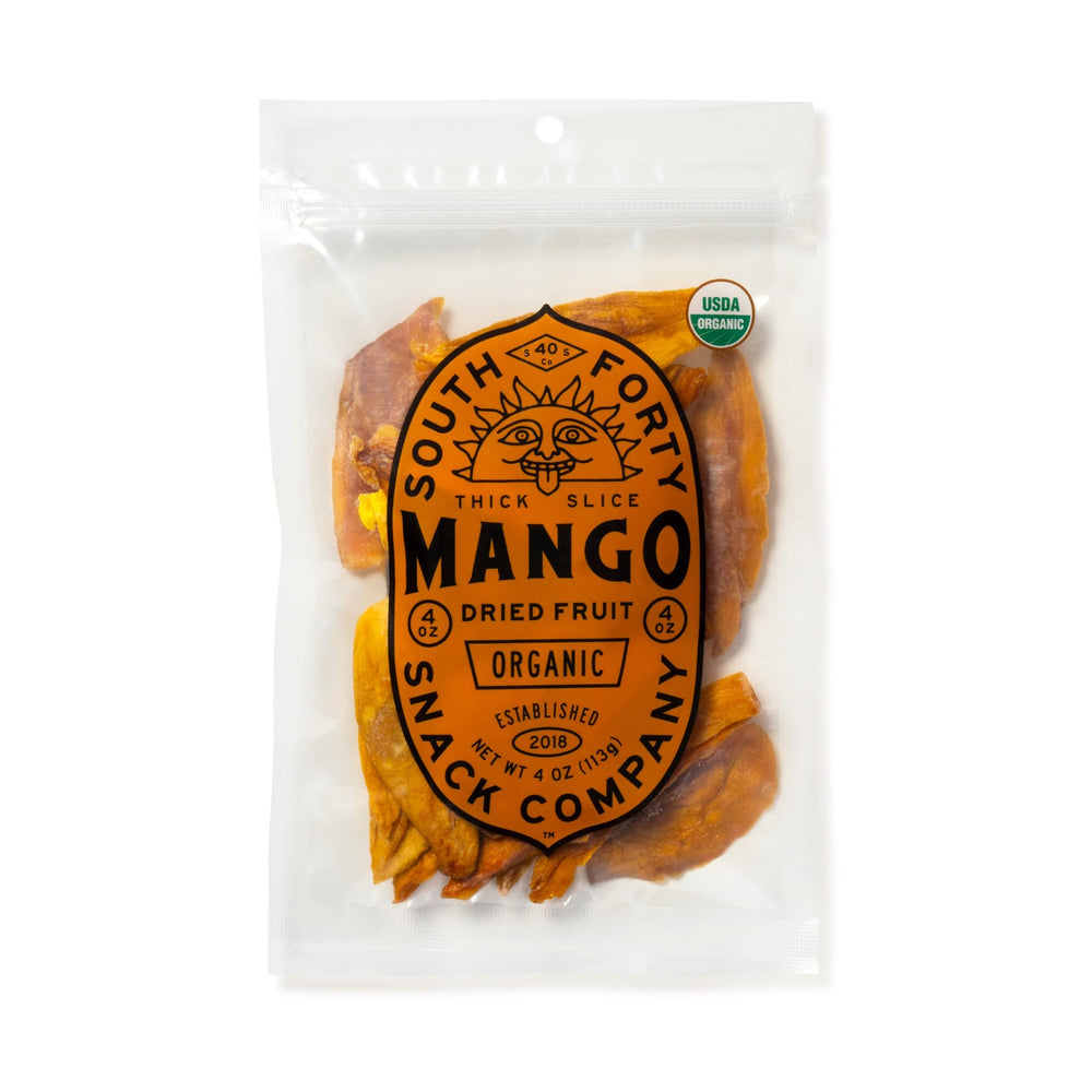 South 40 Snacks front packaging with organic dried mango and snack convenience