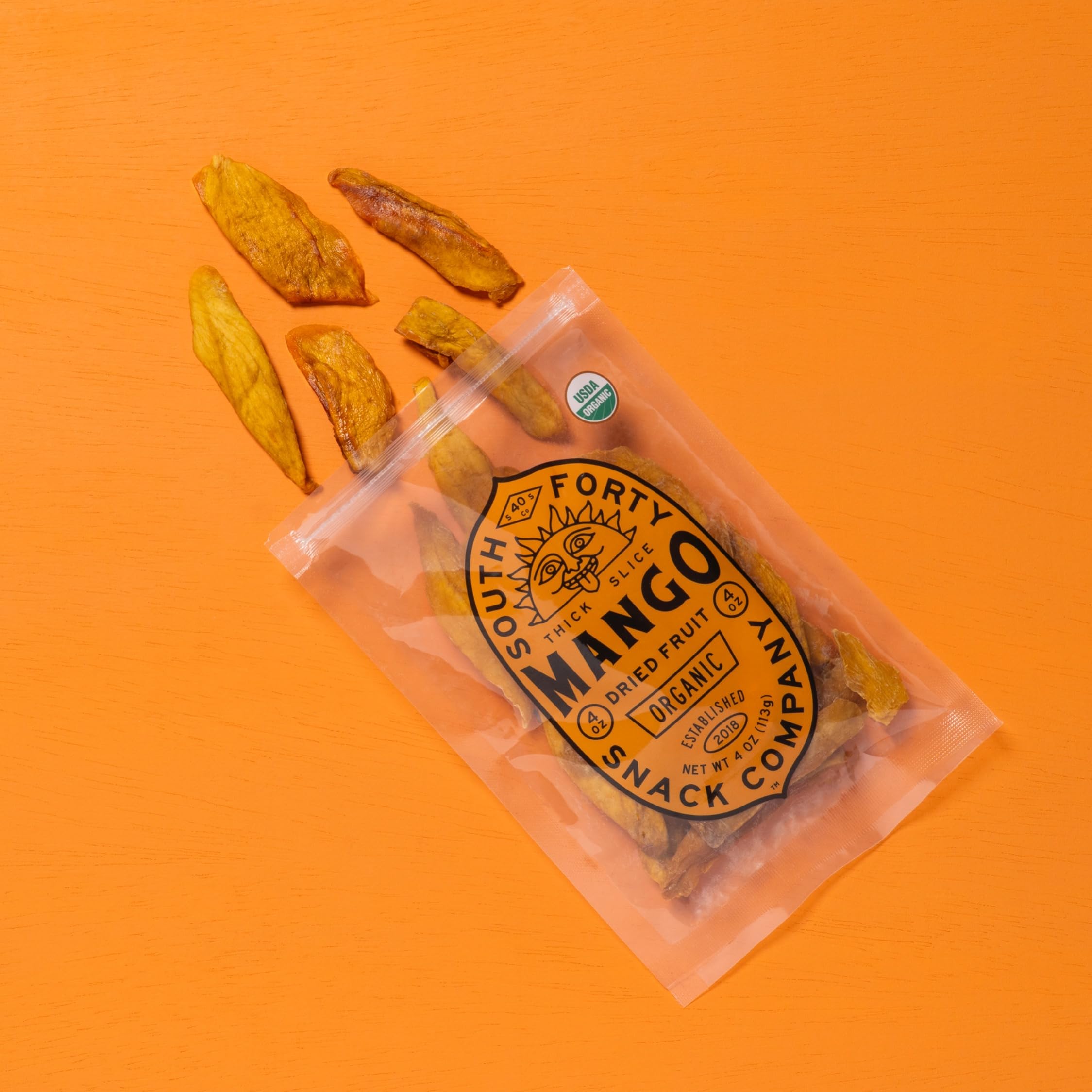 South 40 Snacks open bag with mango slices ready to eat for on-the-go energy