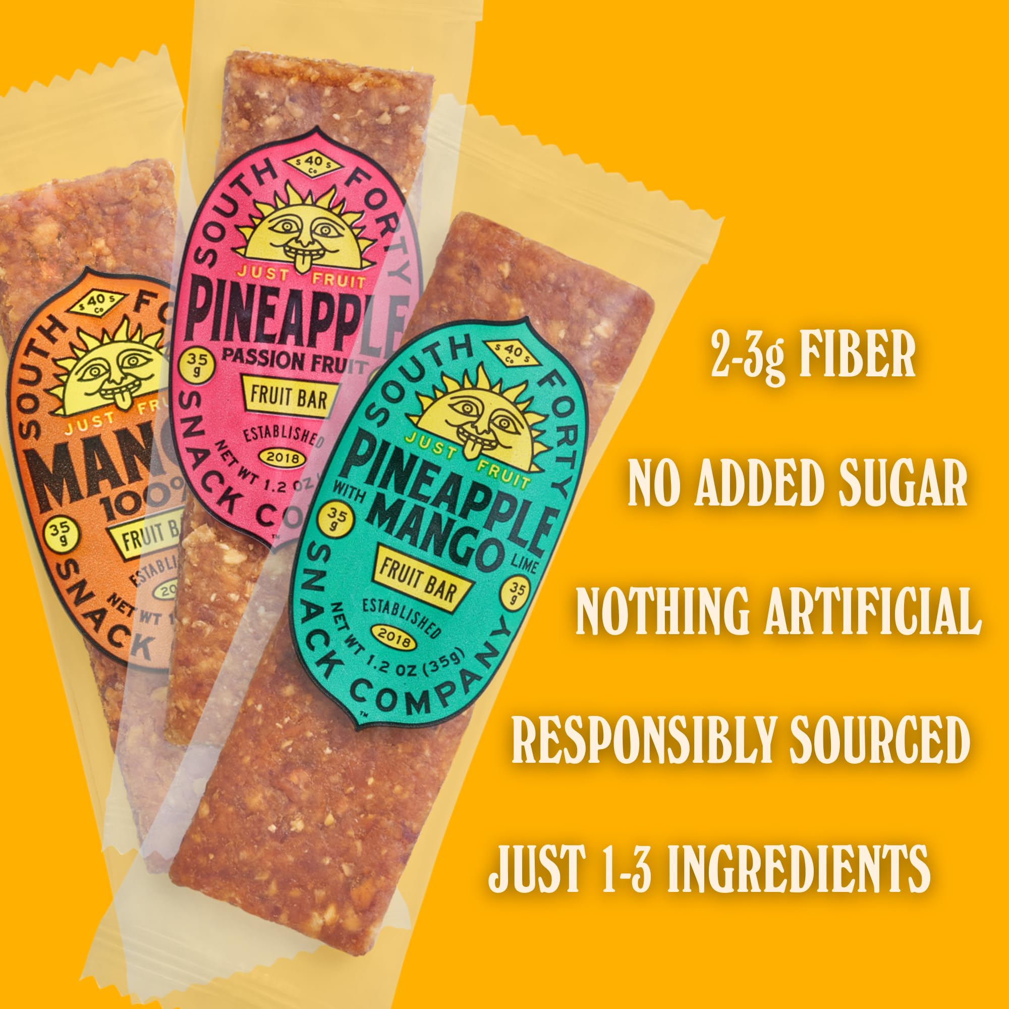 South Forty Snacks bar close-up texture showing real fruit fibers and chewy texture benefit