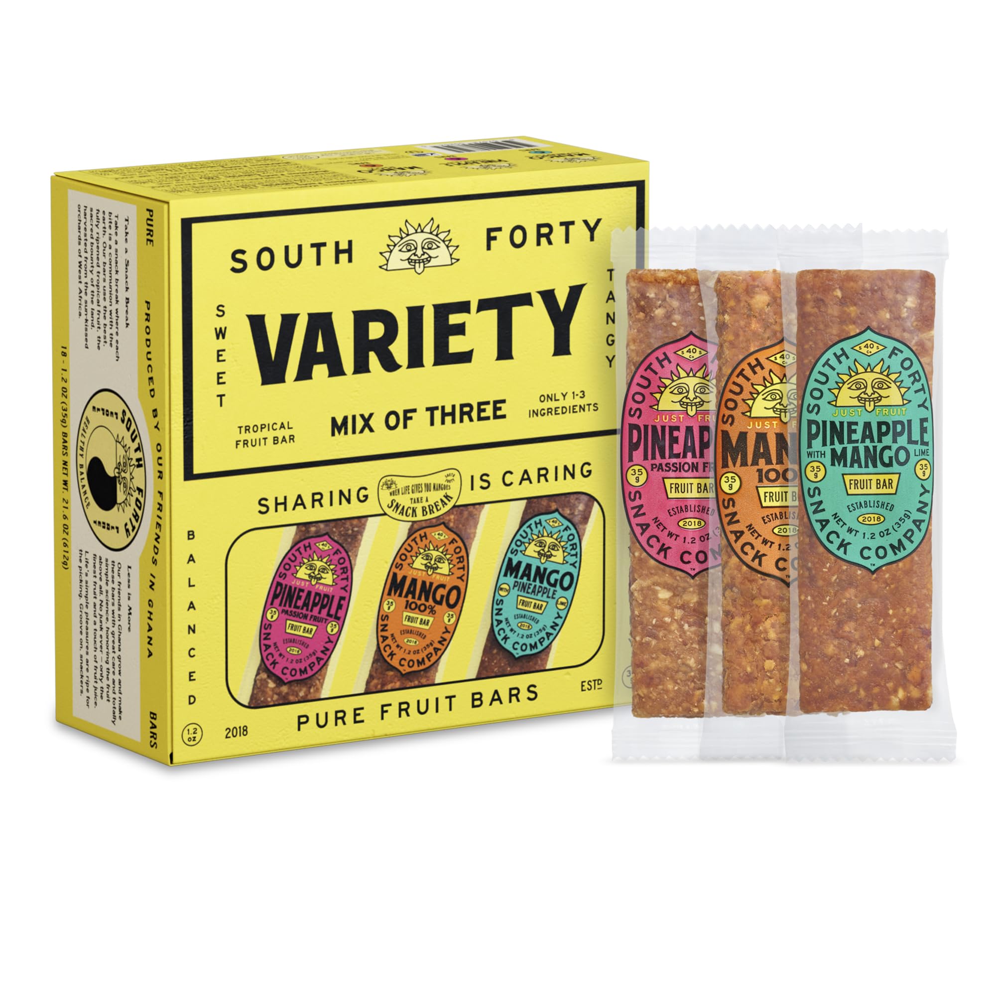 South Forty Snacks front packaging showing 18-bar variety and clear labeling benefits
