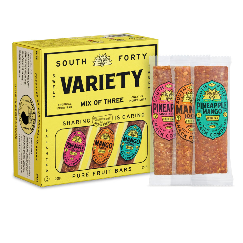 South Forty Snacks front packaging showing 18-bar variety and clear labeling benefits