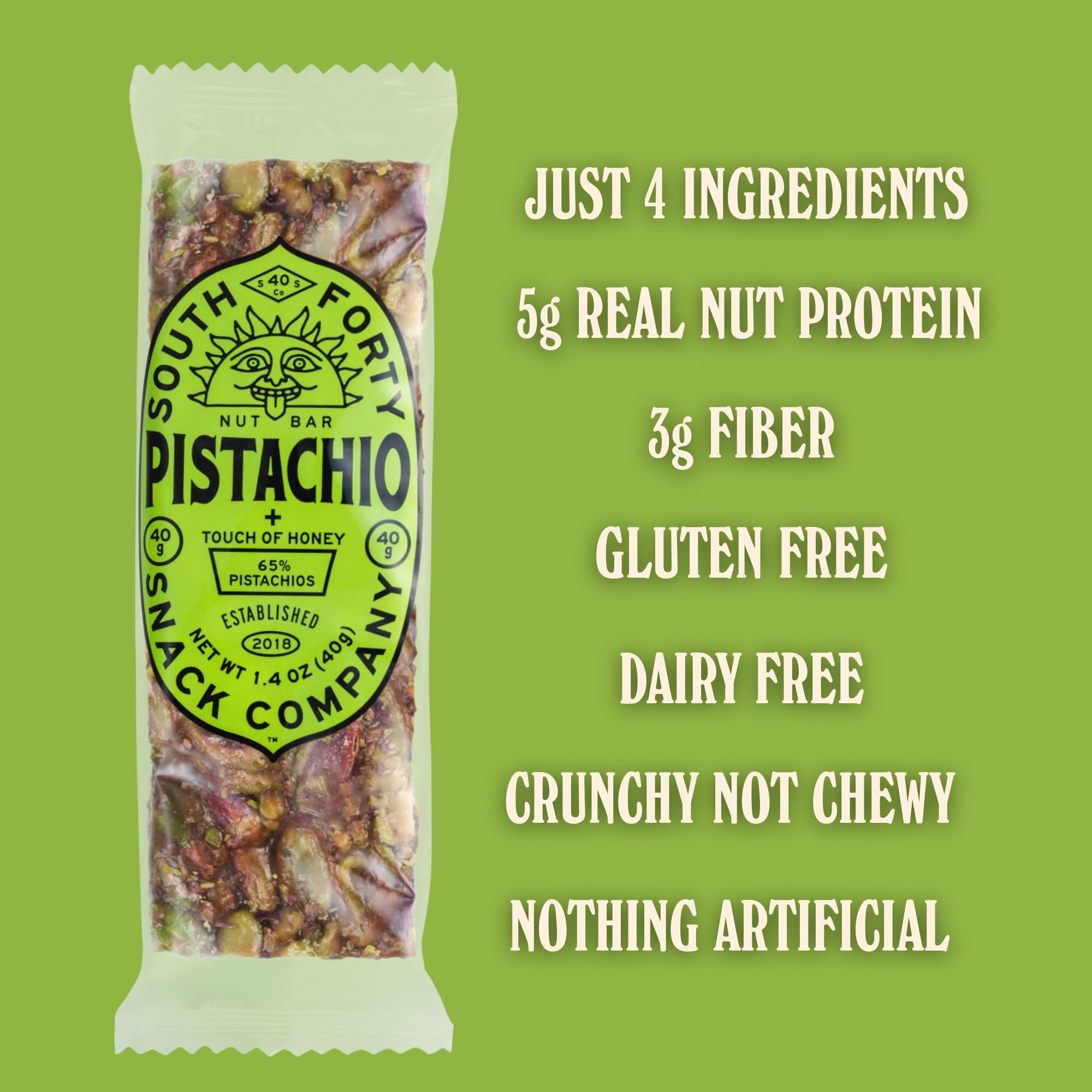 South Forty Snacks unwrapped 40g pistachio bar highlighting crunchy pieces