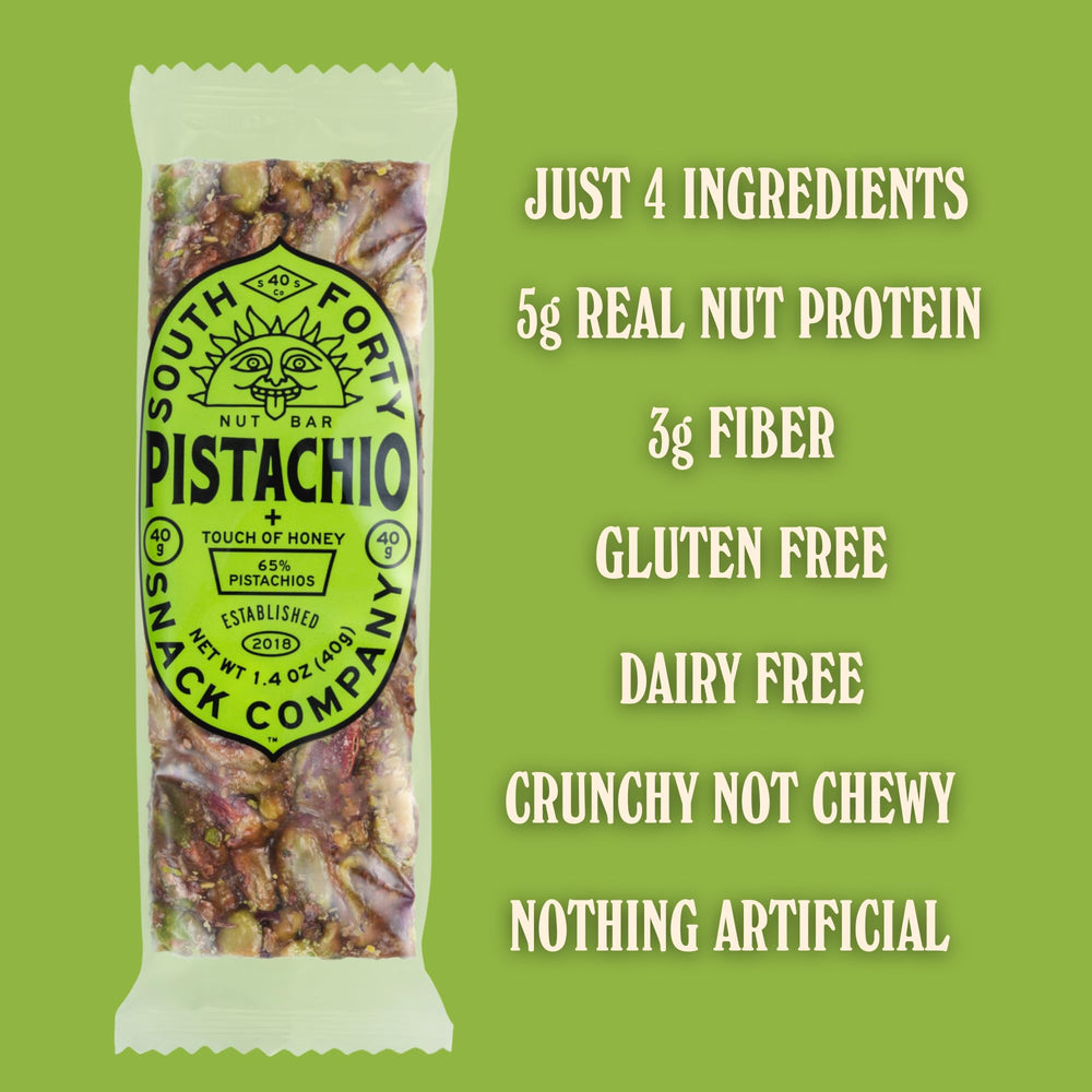 South Forty Snacks unwrapped 40g pistachio bar highlighting crunchy pieces