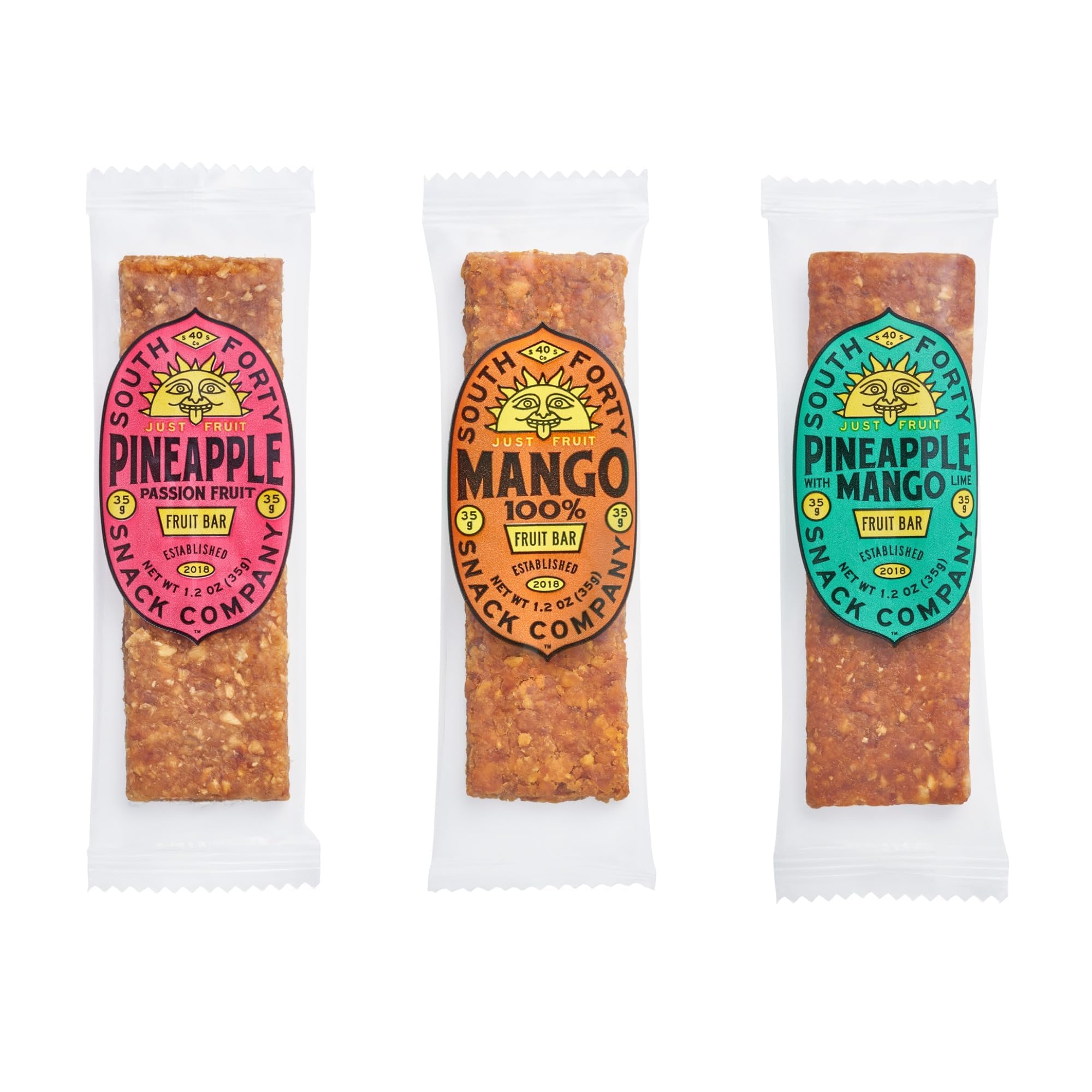 South Forty Snacks three-flavor variety layout with six bars each showing portion control benefit