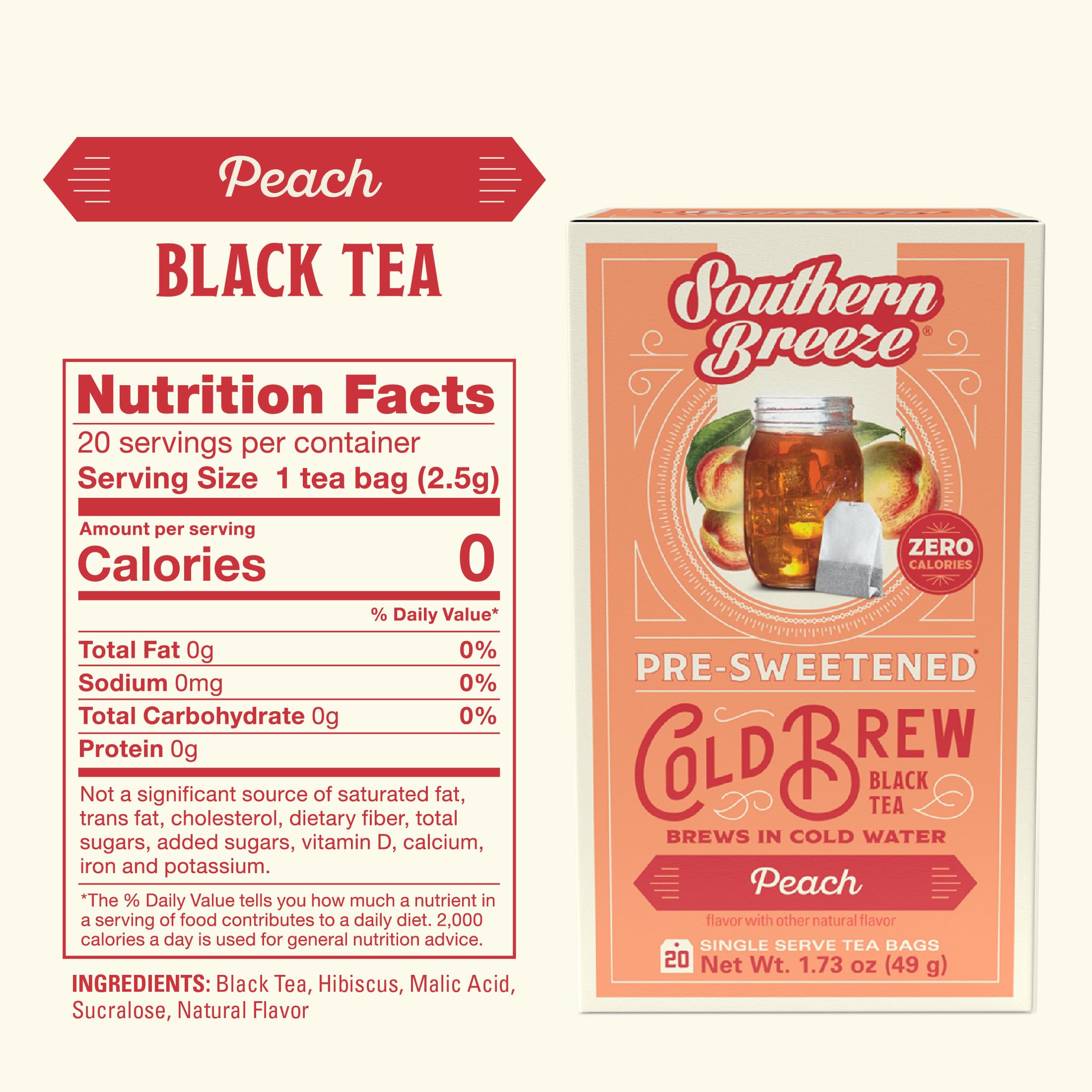 Southern Breeze clear pitcher of cold-brew peach tea ready to serve, emphasizing easy preparation