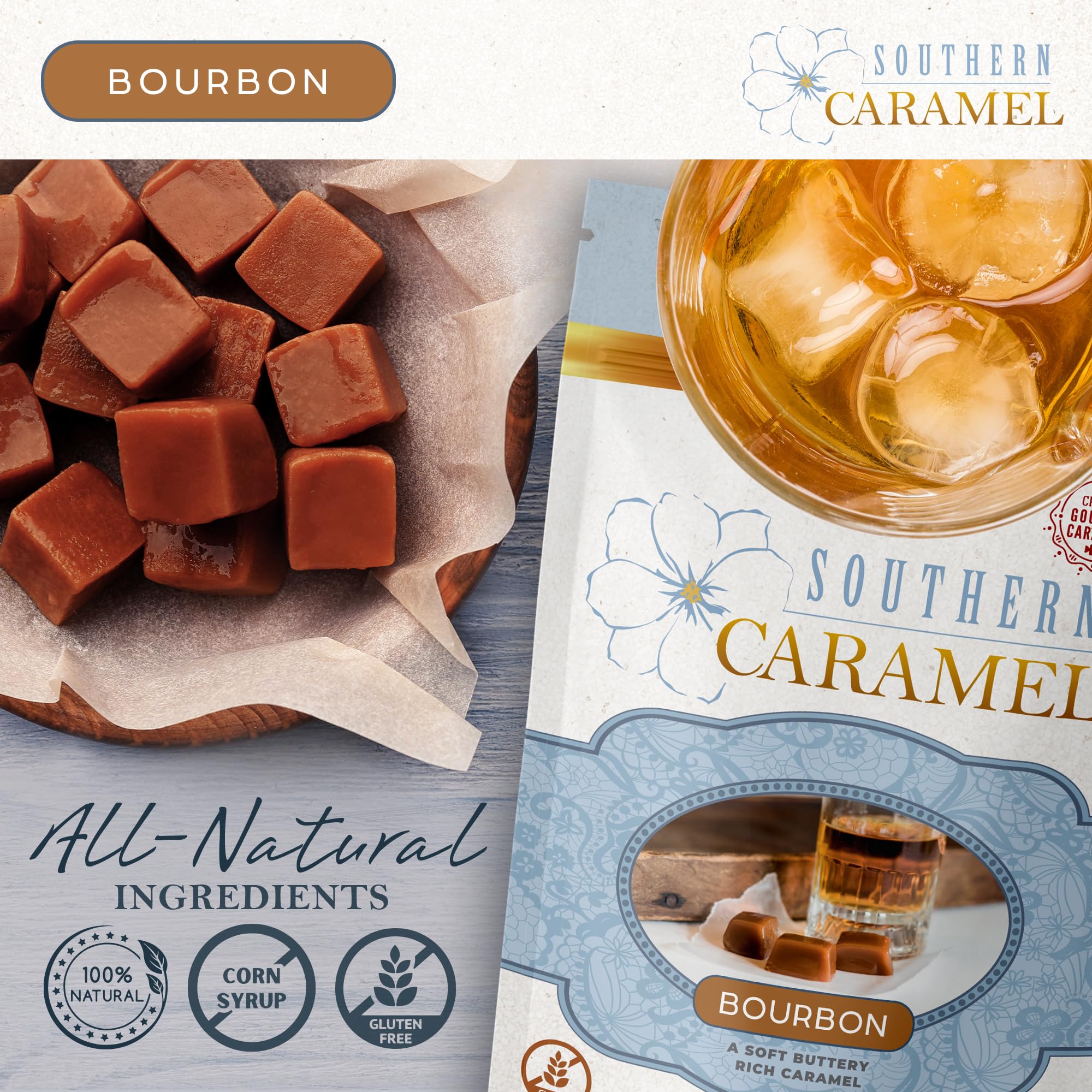 SOUTHERN CARAMEL hand holding caramel showing soft, slow-melting benefit