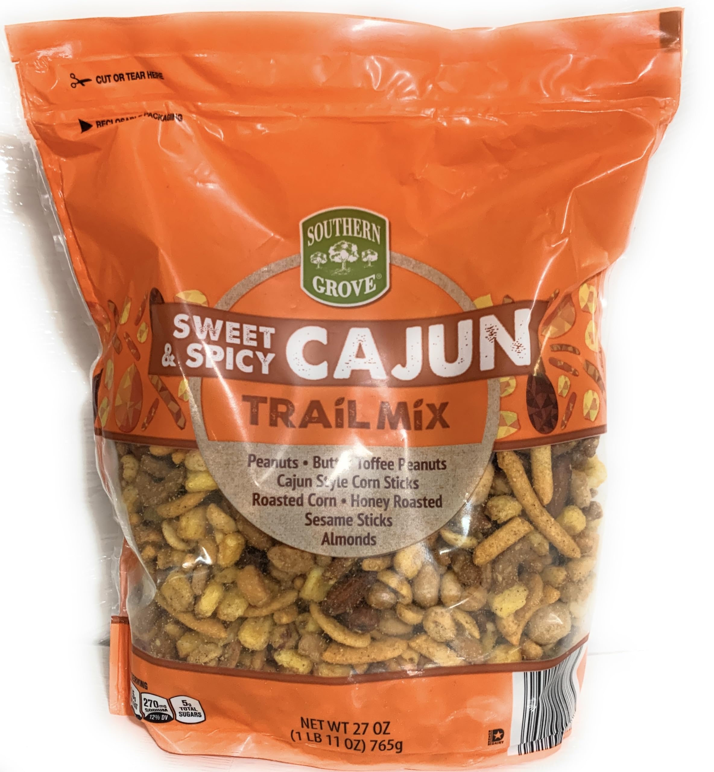 Southern Grove front packaging showing product name and bold Cajun snack mix benefits