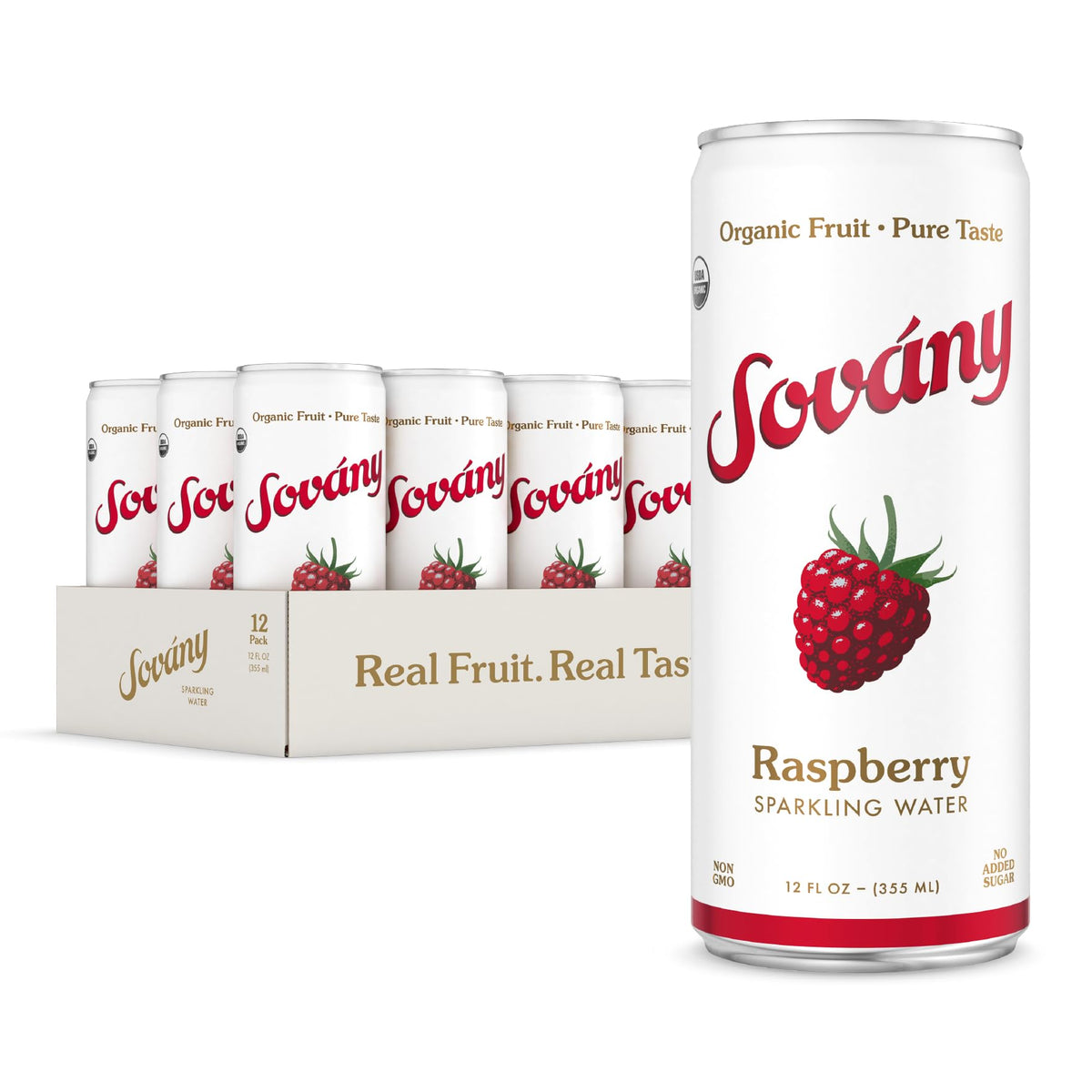 SOVÁNY front packaging 12-pack showing cans and organic badge for convenience