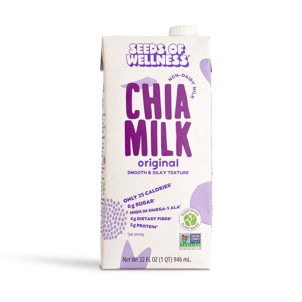 Pouring SOW chia milk into a glass to show smooth texture and pourability