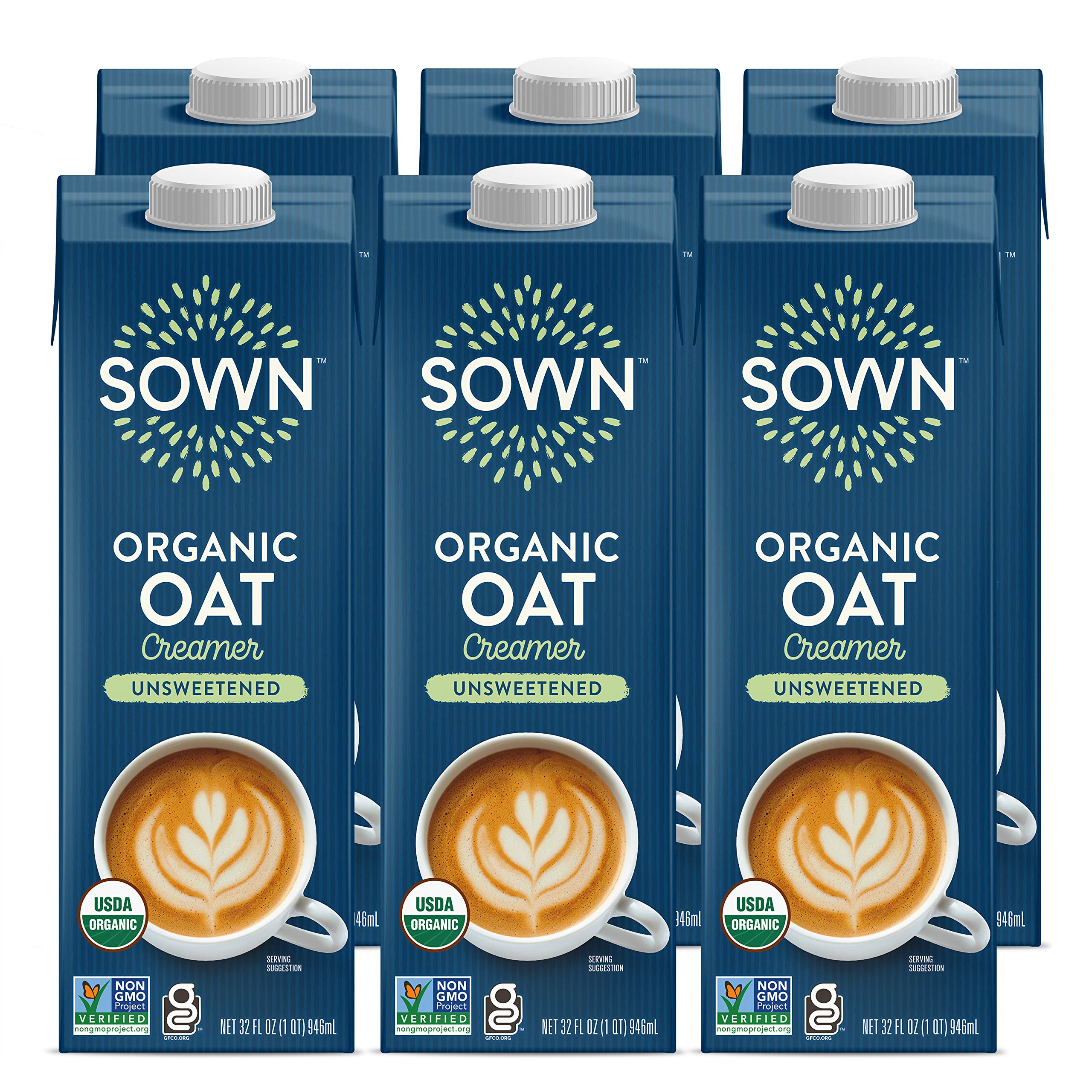 SOWN 32oz front packaging showing unsweetened barista oat creamer and branding benefits