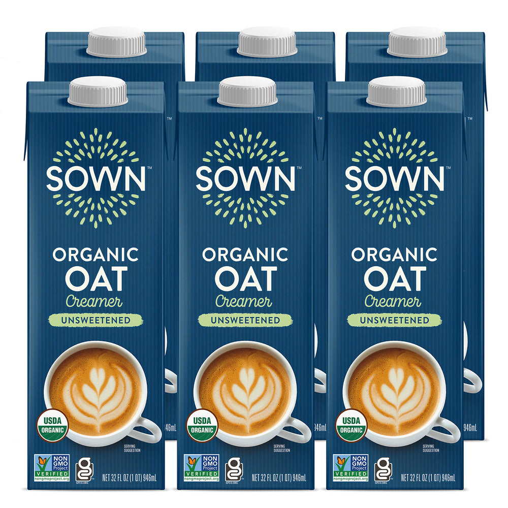 SOWN 32oz front packaging showing unsweetened barista oat creamer and branding benefits