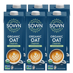 SOWN 32oz front packaging showing unsweetened barista oat creamer and branding benefits
