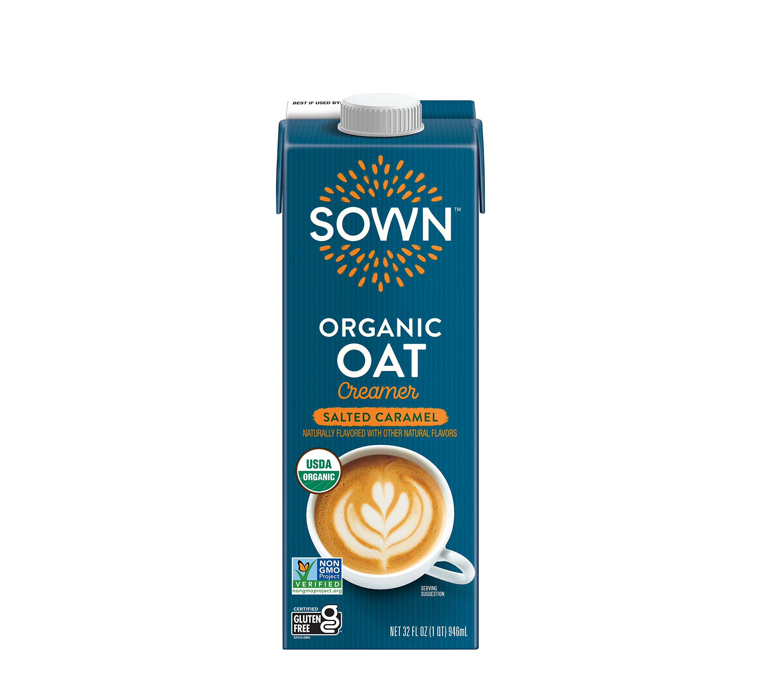 SOWN 32oz carton beside a coffee mug to show size and convenience