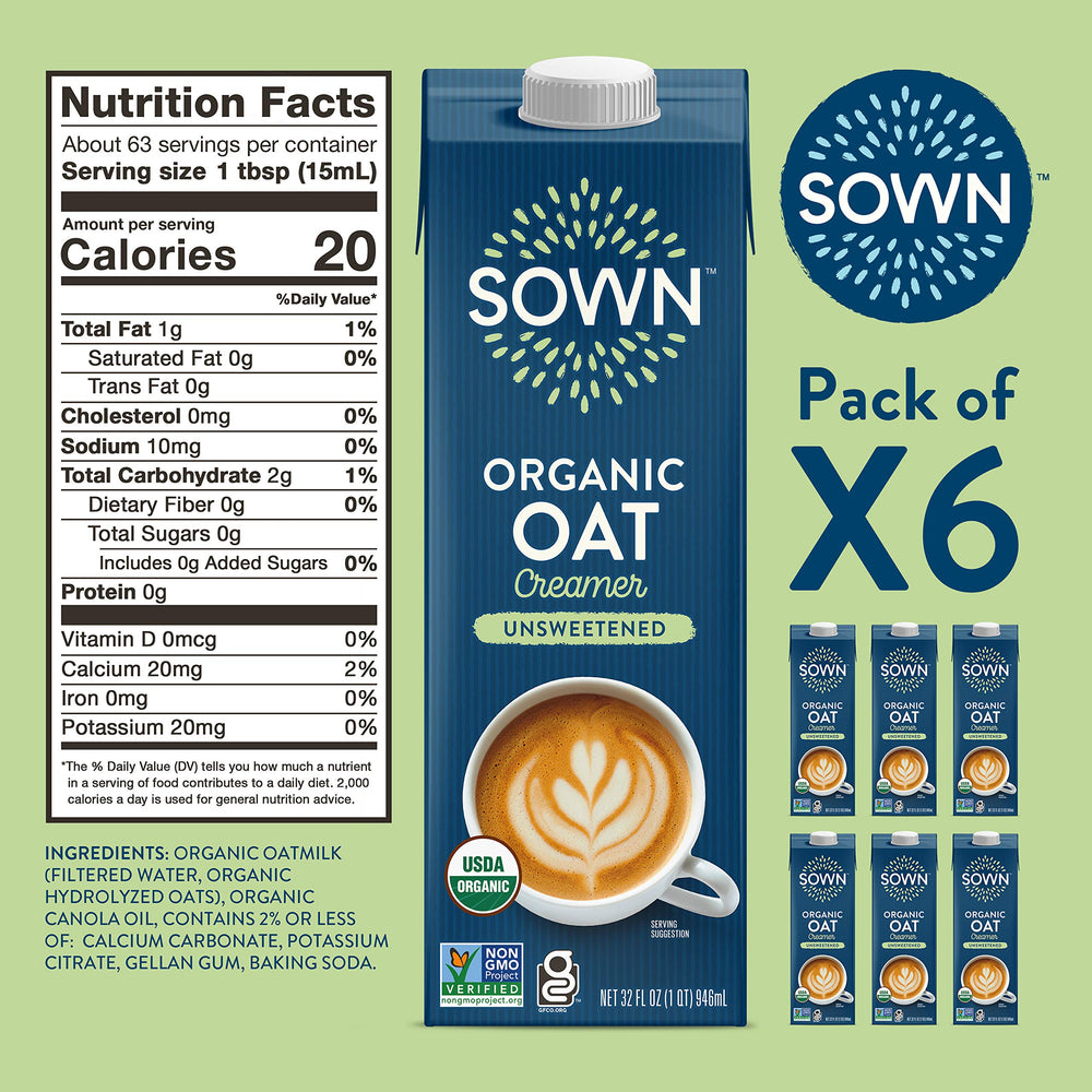 SOWN label with organic and non-GMO badges highlighting certified ingredient standards