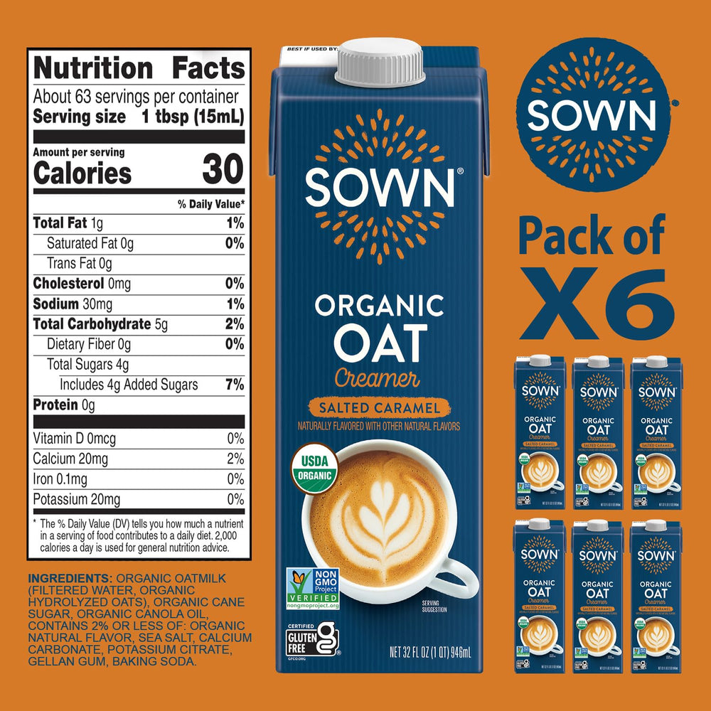SOWN creamer on a breakfast table illustrating pantry-friendly, plant-based use