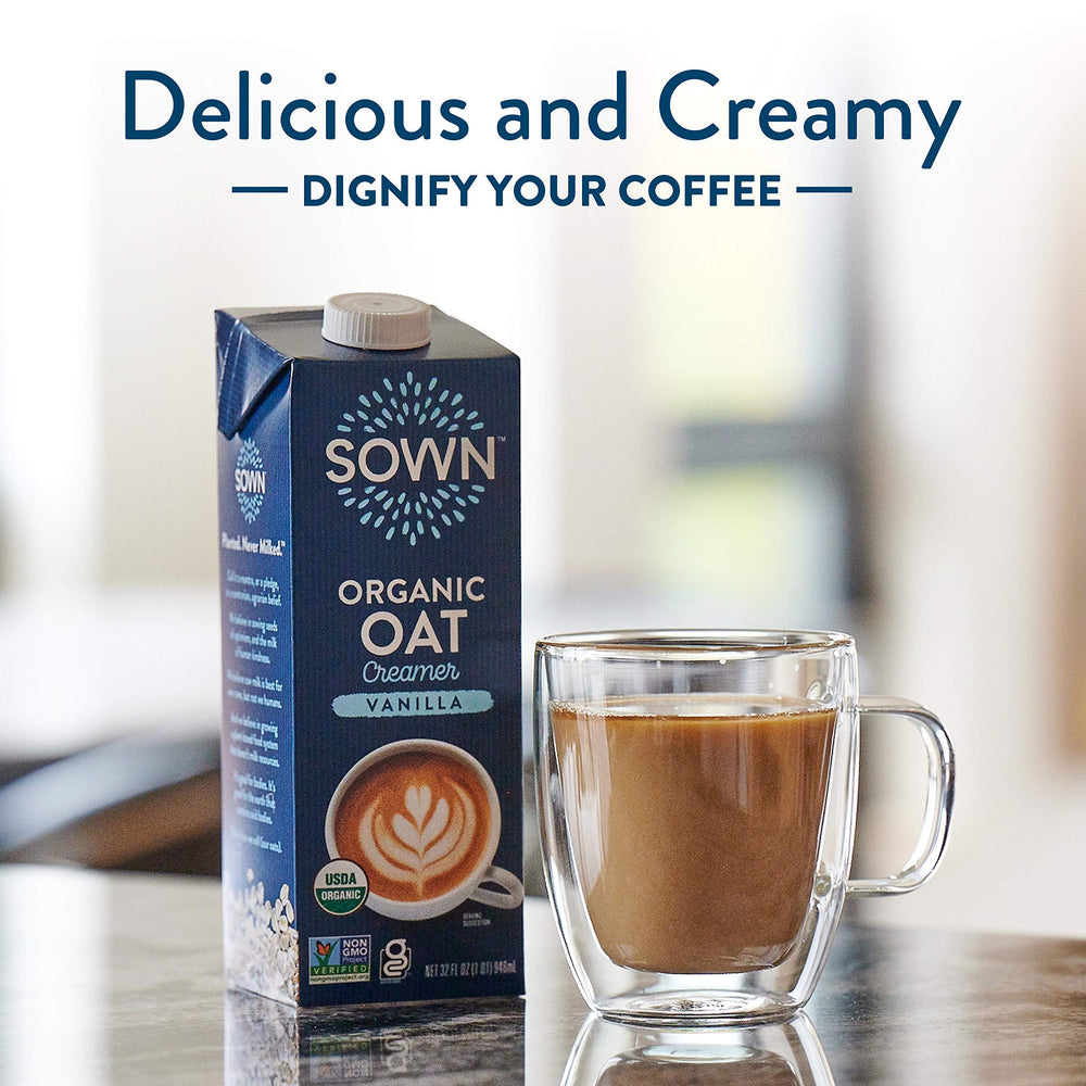 Close-up of SOWN creamer texture highlighting creamy oat-based consistency