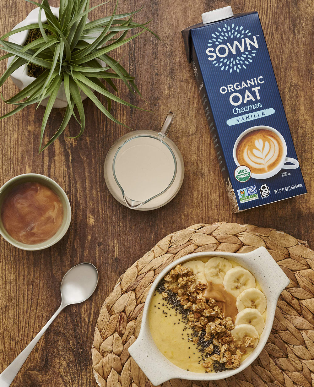 SOWN frothed vanilla oat creamer in latte showing foam stability and richness